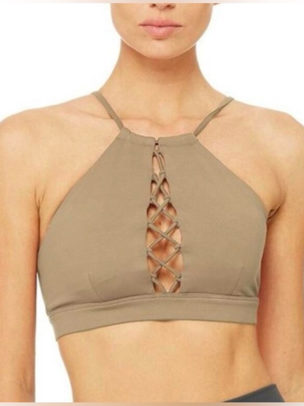 Alo Yoga Starlet Lace Up High Neck Sports Bra in gravel color size s.